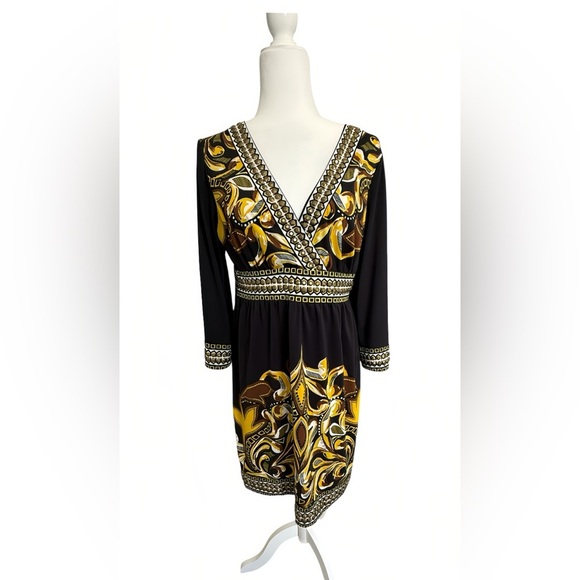 INC International Concepts Black Gold Studded V-Neck Long Sleeve Dress M Petite - Picture 1 of 9